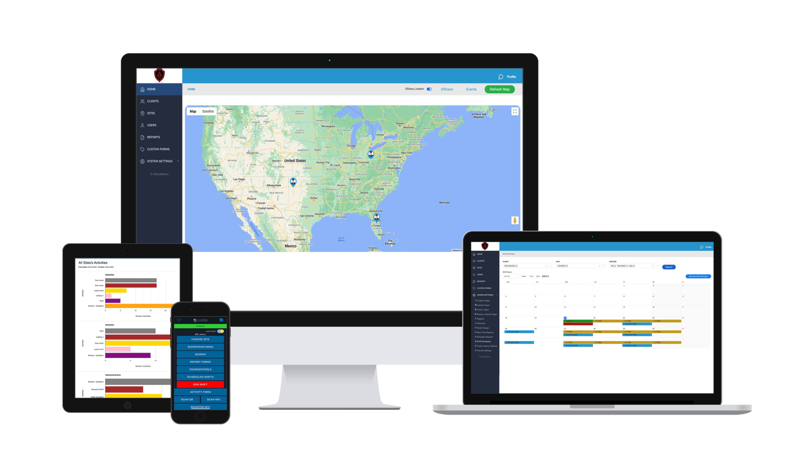 Multiple devices showing officer metrics applications being used on various screens