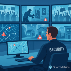 Security operations center with real-time monitoring of protests, vandalism, and patrol routes.