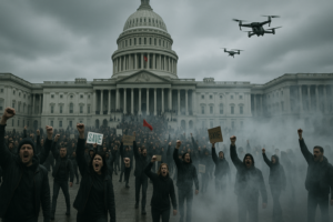 A large, intense protest unfolds in front of the U.S. Capitol under a gray, overcast sky. Protestors dressed in dark clothing raise their fists and carry signs like “SAVE” while drones hover overhead. Thick smoke swirls through the scene, adding urgency and unrest. This powerful image illustrates modern political tensions and the rising demand for heightened security and surveillance capabilities.