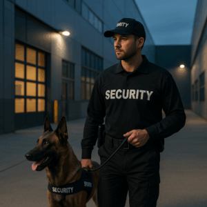 Security Guard and K9-Security Dog on patrol guarding a warehouse.