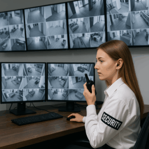 ChatGPT Assassination attempt prevention: female guard monitoring multiple CCTV feeds for threat assessment