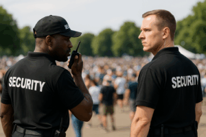 ChatGPT Assassination attempt prevention: security officers monitoring a large outdoor crowd for threats