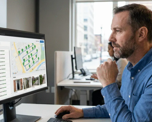 Security operations supervisor reviewing GPS-verified patrol routes, timestamps, and checkpoint confirmations in a guard tour system dashboard.