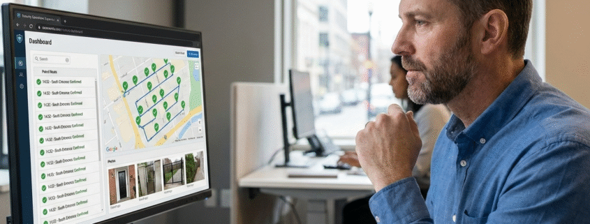 Security operations supervisor reviewing GPS-verified patrol routes, timestamps, and checkpoint confirmations in a guard tour system dashboard.