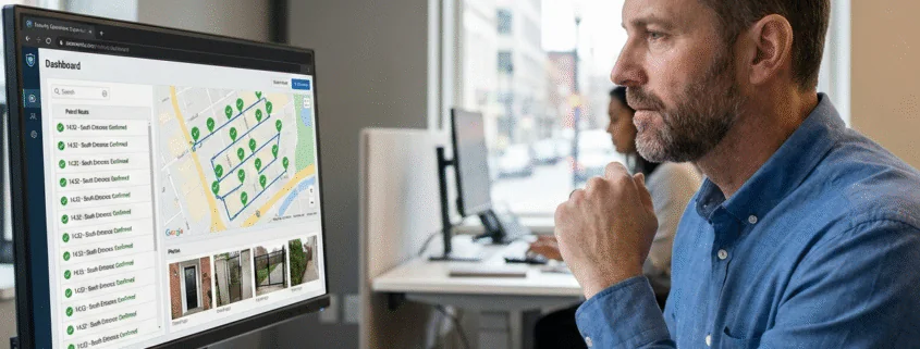 Security operations supervisor reviewing GPS-verified patrol routes, timestamps, and checkpoint confirmations in a guard tour system dashboard.