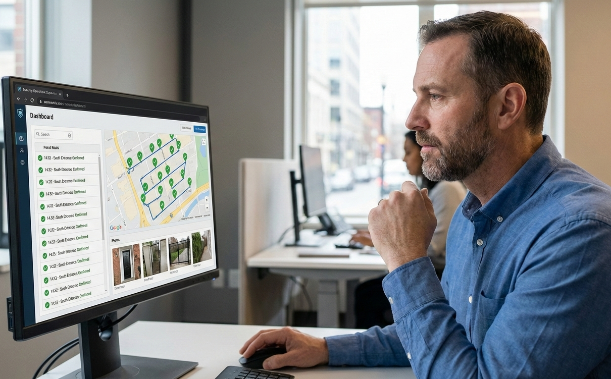 Security operations supervisor reviewing GPS-verified patrol routes, timestamps, and checkpoint confirmations in a guard tour system dashboard.
