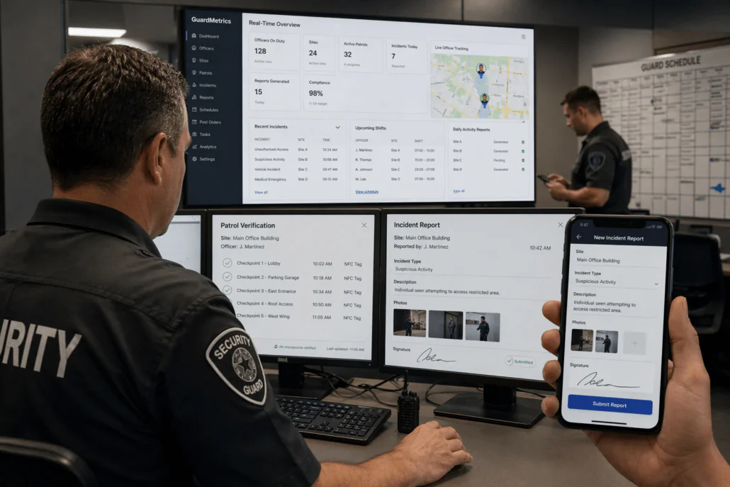 GuardMetrics security operations dashboard, patrol verification, incident reporting, and mobile reporting screens.