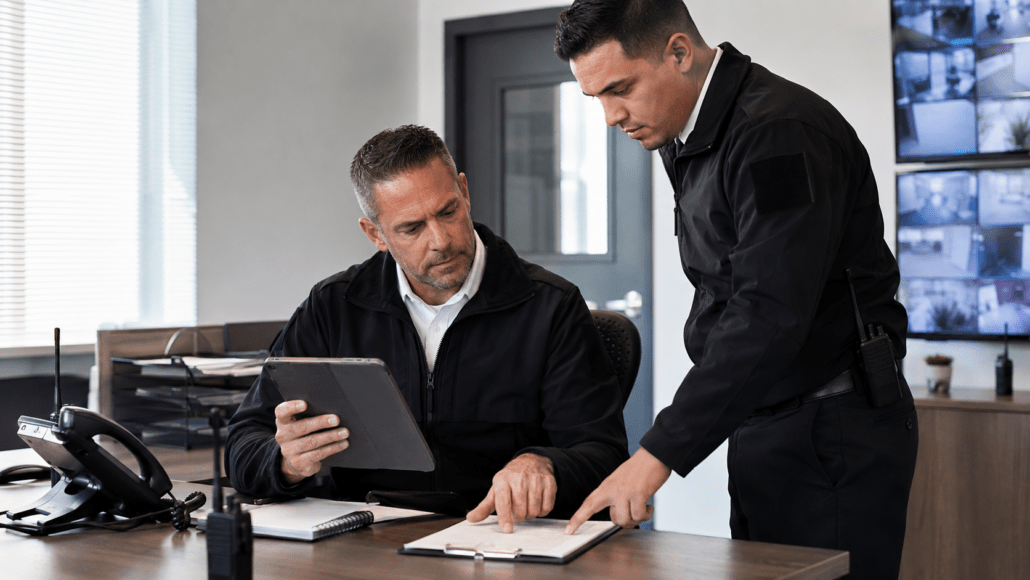 Security guards reviewing digital post orders on a tablet