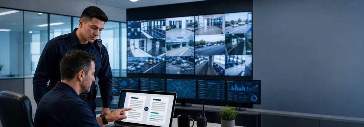 Security supervisor and officer reviewing an AI-refined guard report in a security operations center