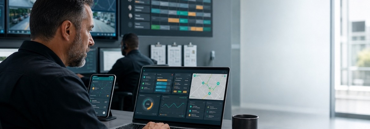 Security operations manager reviewing guard management software dashboard for patrols reports and scheduling