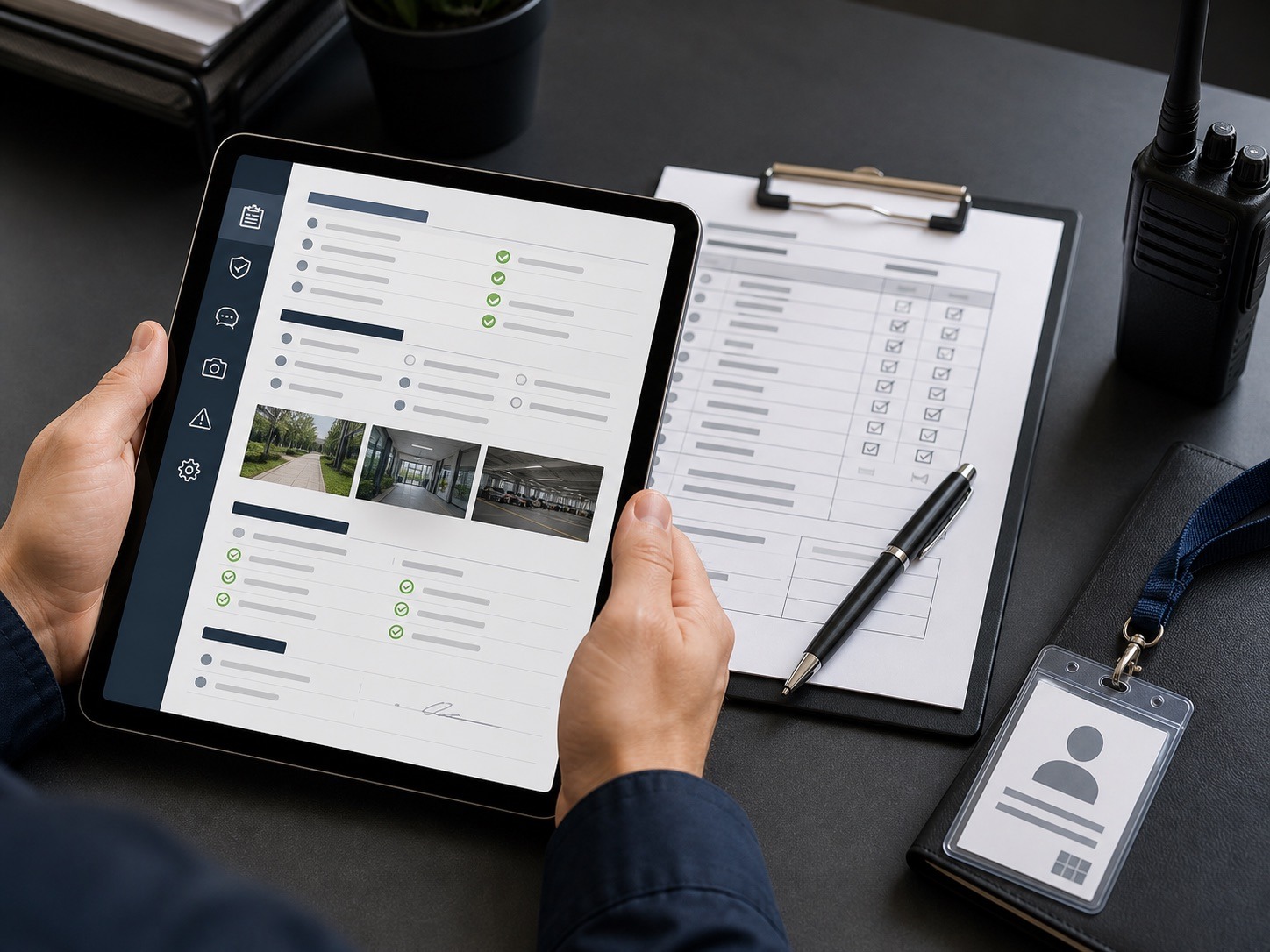 Digital security daily activity report template with checklist fields on a tablet
