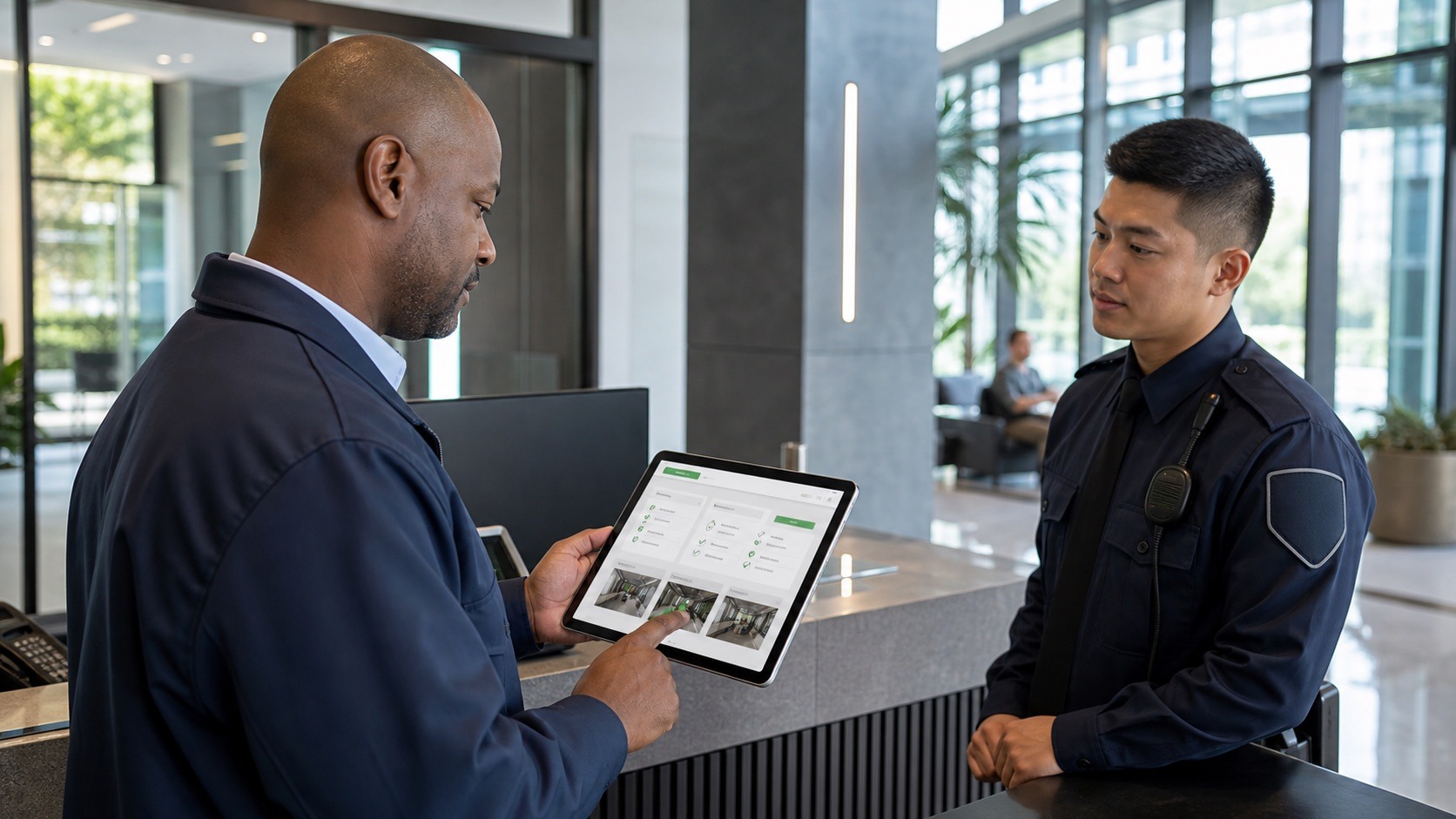 Security supervisor reviewing a digital daily activity report on a tablet with a security officer