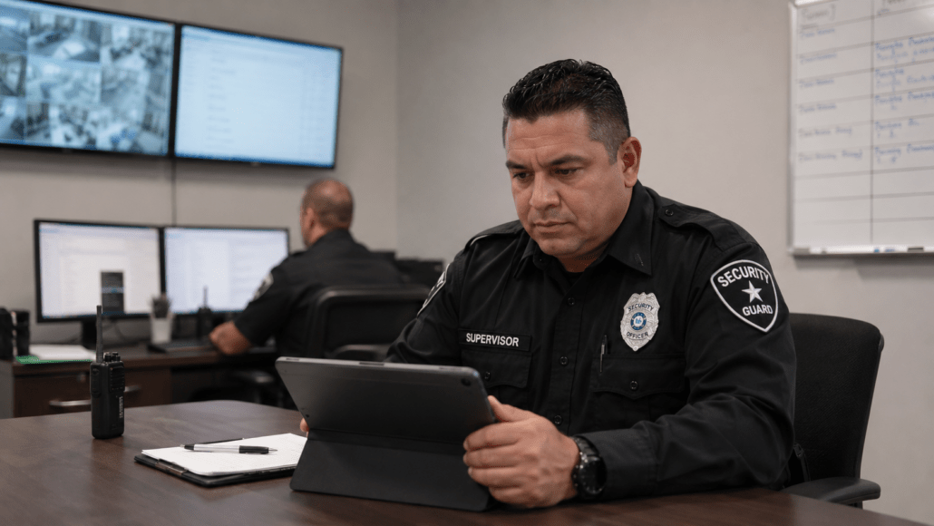 Security supervisor reviewing dispatch activity on a tablet in a security operations office