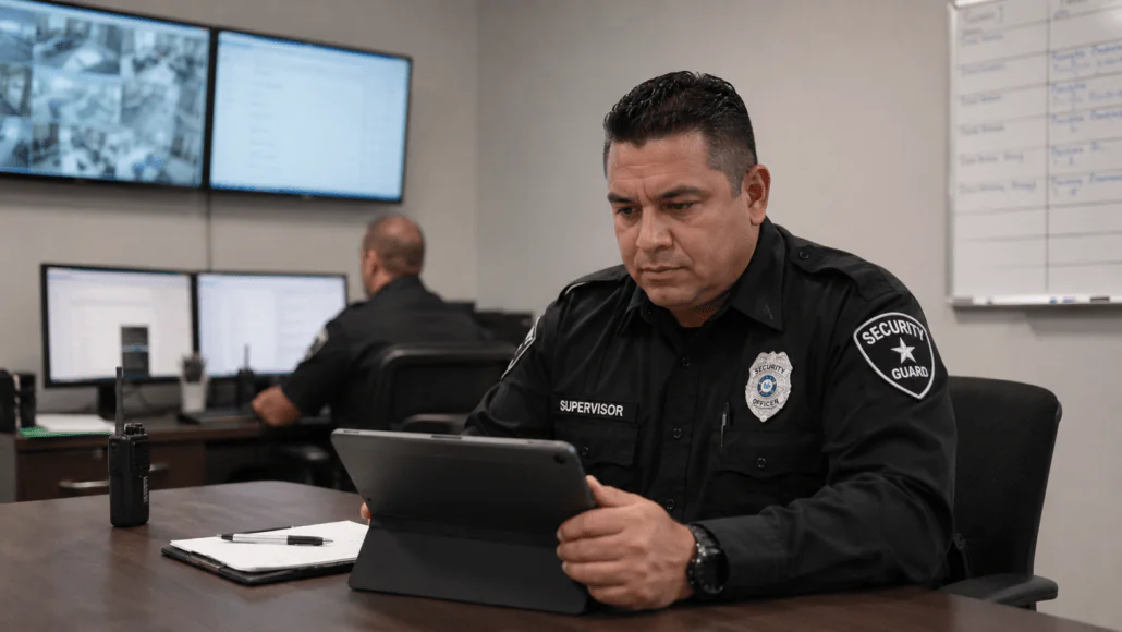 Security supervisor reviewing dispatch activity on a tablet in a security operations office