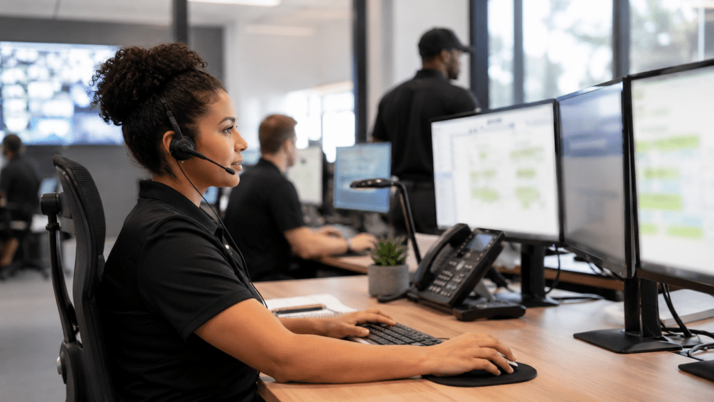 Security dispatch coordinator managing calls and field officer updates in a private security operations office