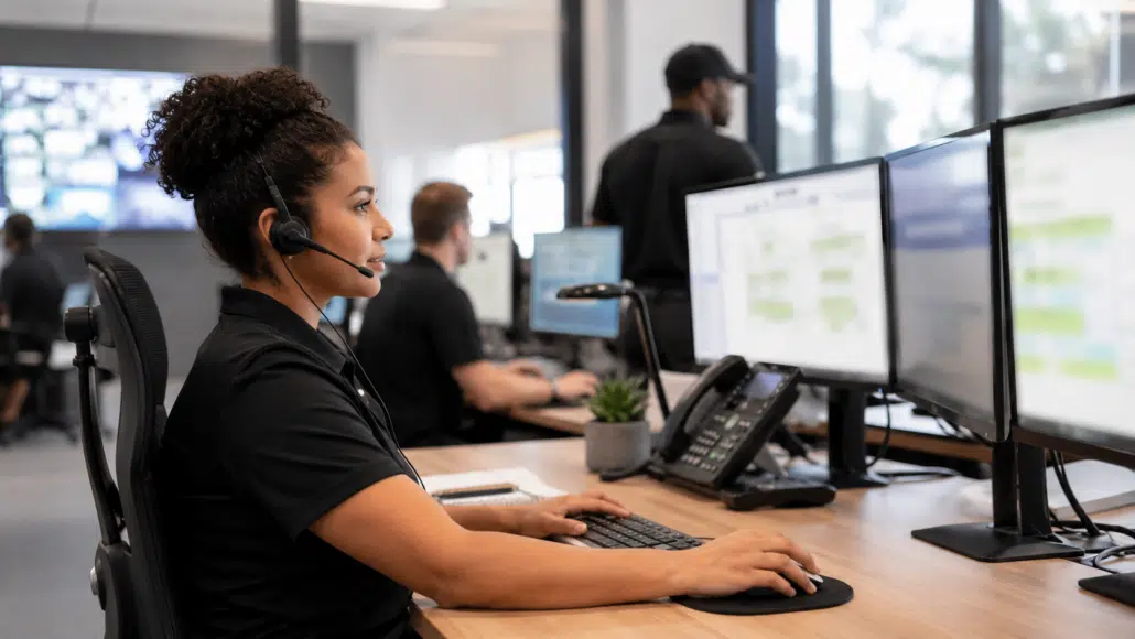 Security dispatch coordinator managing calls and field officer updates in a private security operations office
