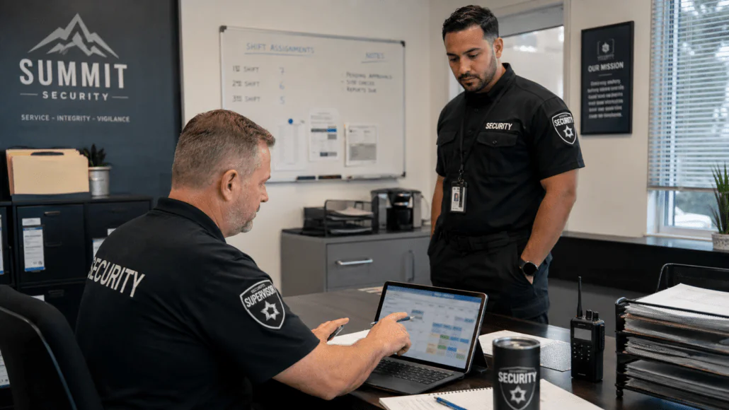Security guard company supervisor reviewing officer schedules and shift coverage