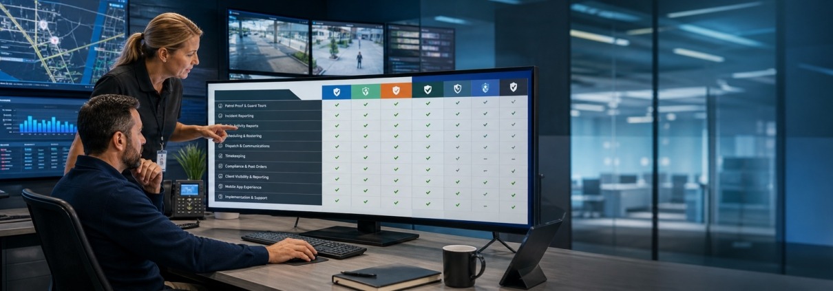 Security operations team comparing security guard software alternatives on a dashboard