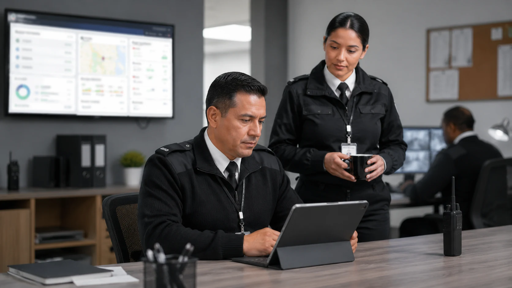 Security operations supervisor reviewing guard management activity during a software demo