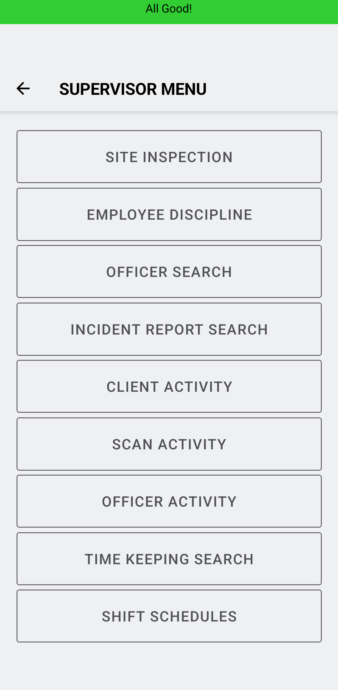 GuardMetrics mobile supervisor tools for site inspections, incident searches, client activity, scans, and officer review.