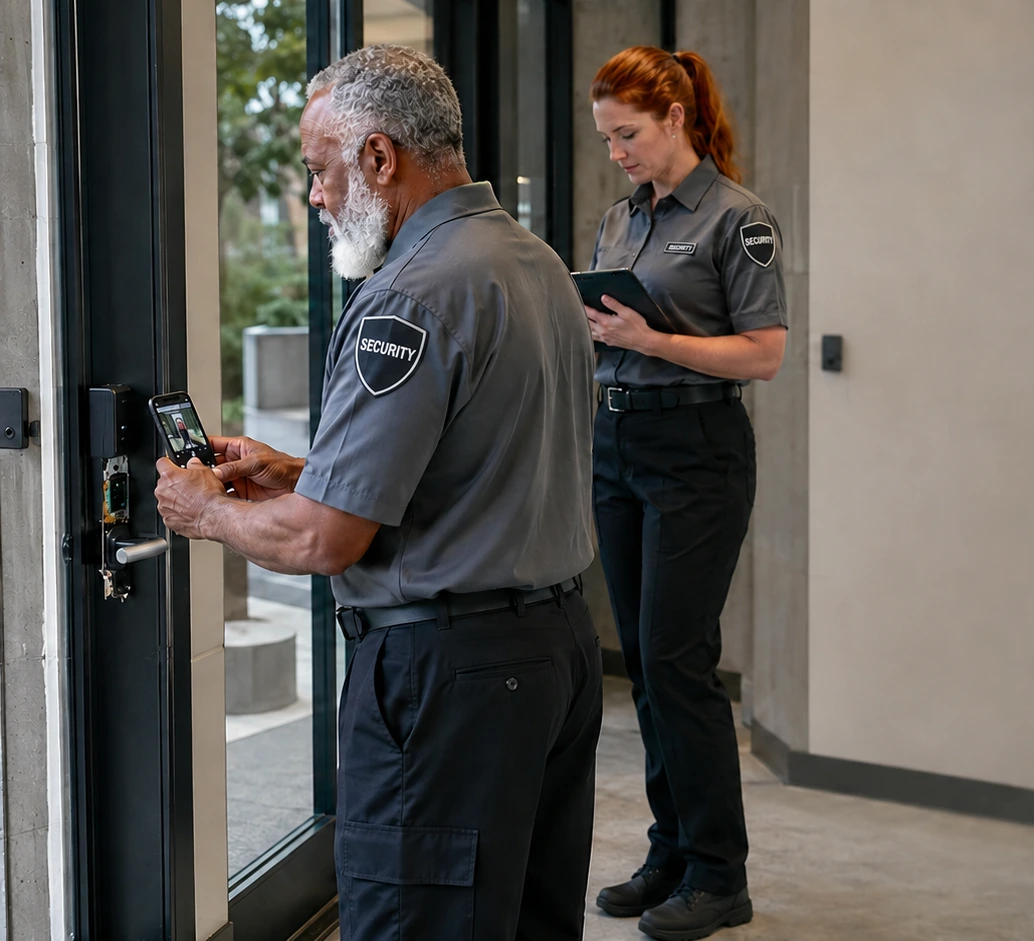 Security officer photographing damage to an access-controlled door while another officer reviews the report
