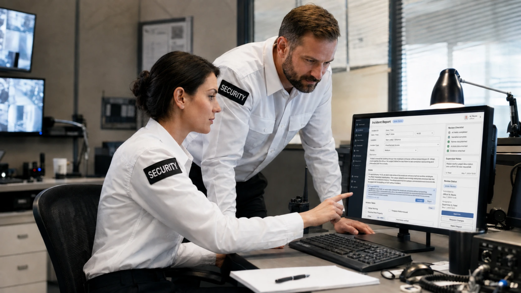 Security officer and supervisor reviewing and refining an incident report