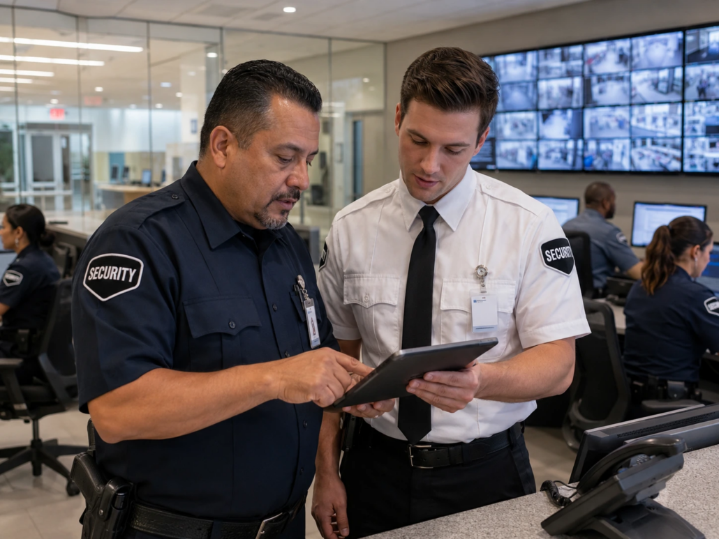 Contract security supervisor and in-house security manager reviewing incident activity