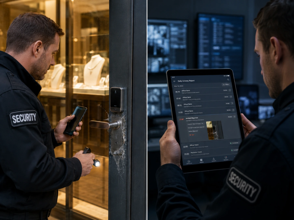 Security officers documenting an incident and reviewing a daily activity report