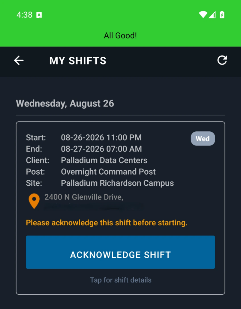 GuardMetrics mobile My Shifts screen showing an assigned security guard shift and acknowledgment