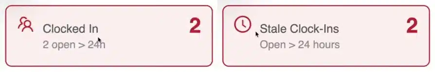 Clocked In and Stale Clock-Ins dashboard tiles, each showing two open records in the demo.