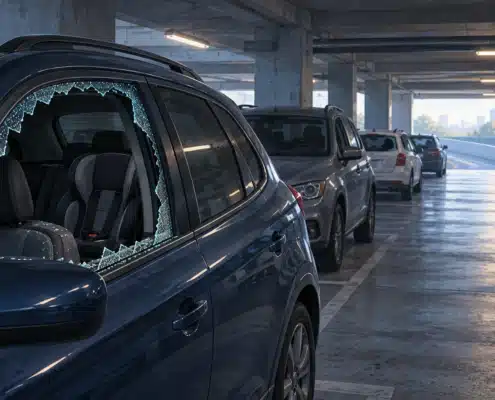 Broken car window in an apartment parking garage at dawn