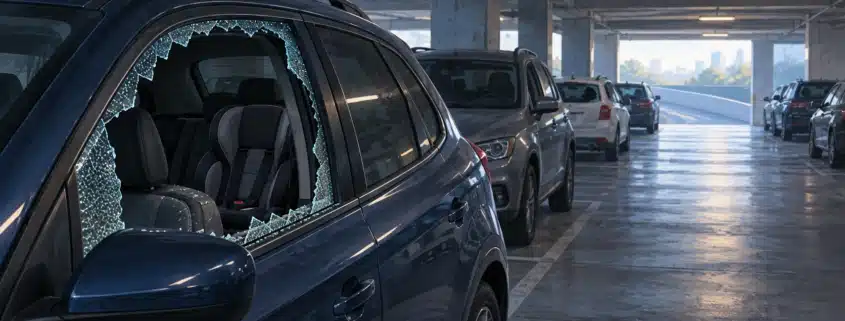 Broken car window in an apartment parking garage at dawn