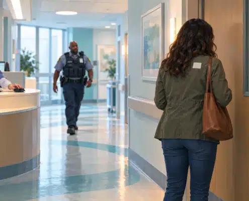 Visitor outside a hospital patient room as a unit clerk calls for security.