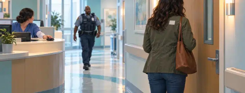 Visitor outside a hospital patient room as a unit clerk calls for security.