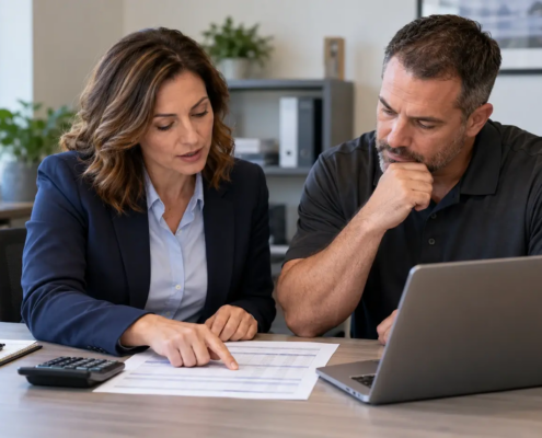 Security company manager reviewing staffing and payroll costs with a security officer.